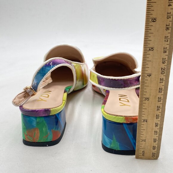 YDN Colorful-feather Square Toe Block Low Heels Slingback Formal Dressy Pump - Picture 5 of 8